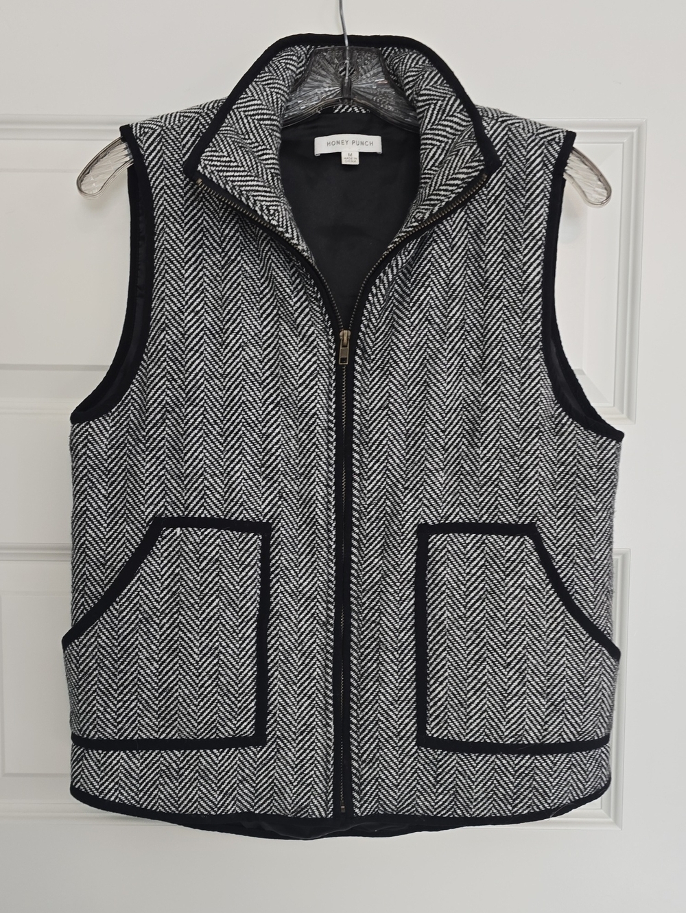 Honey Punch Black & White Herringbone Zip-Up Vest with Contrast Trim